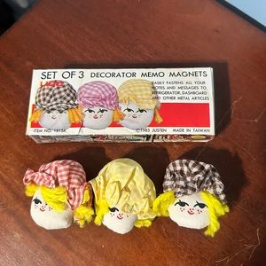 Set of 3 Decorator Memo Magnets Fridge Little Egg Dolls Bonnets Yarn Hair Yellow